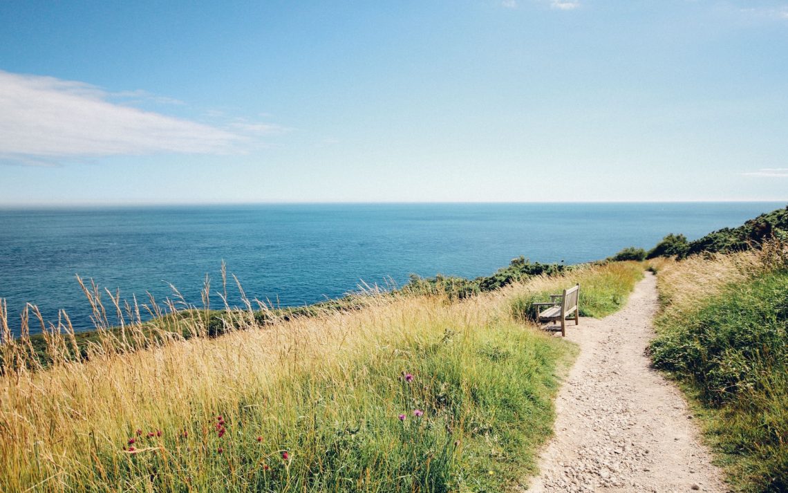 Sandy path going through a grassy field toward a wide expanse of water